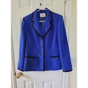 Le Suit Blazer Size 6 Womens Blue Black Trim Lined‎ 3 Button Longsleeve Pockets